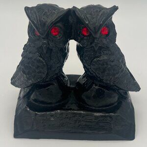 Vintage 1980s Owl Figurines Made of Coal with Red Rhinestone Eyes